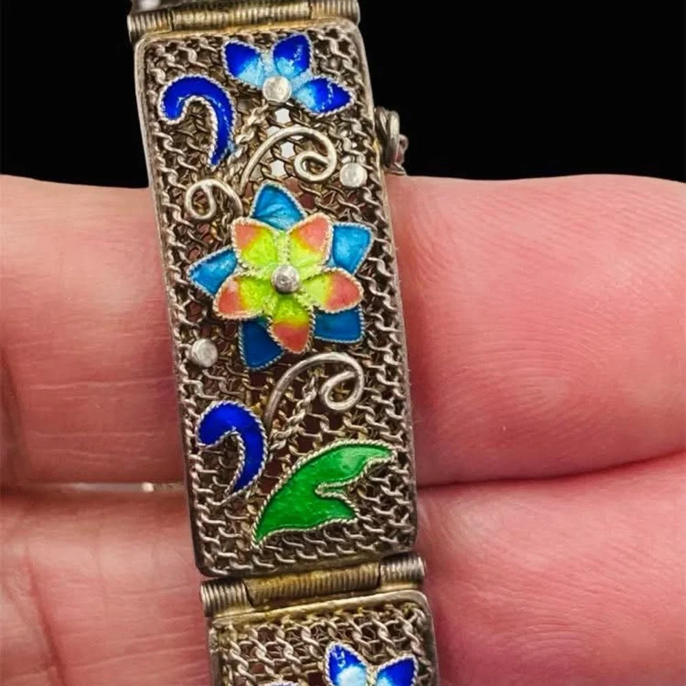 Exquisite Antique Chinese Export Silver Filigree Enamel Bracelet